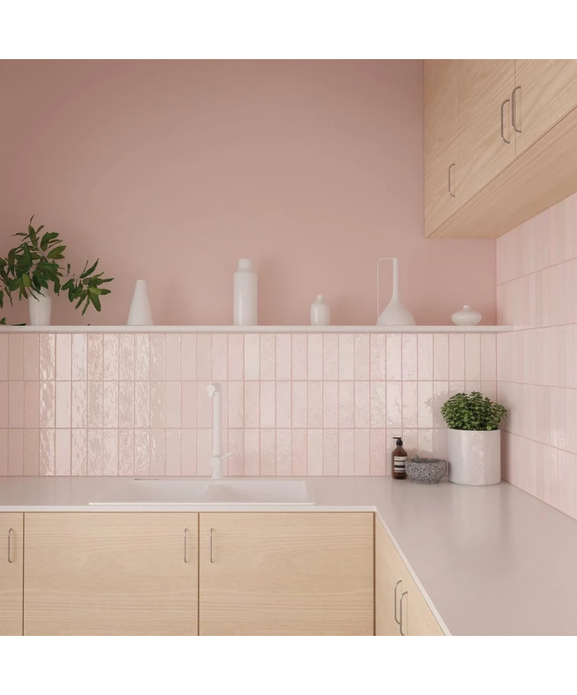 Carrelage La Riviera Rose 6,5x20 cm - posé en cuisine