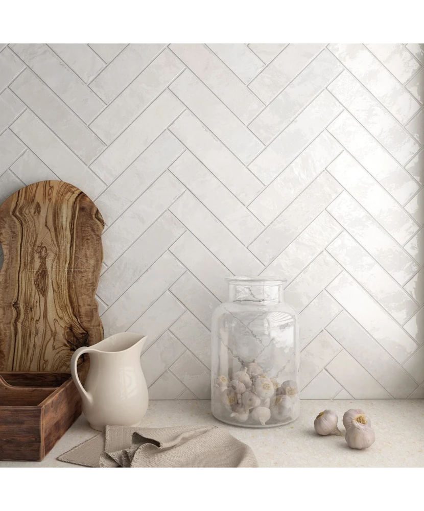 Carrelage Tribeca Gypsum White 6x24,6 cm - posé en cuisine