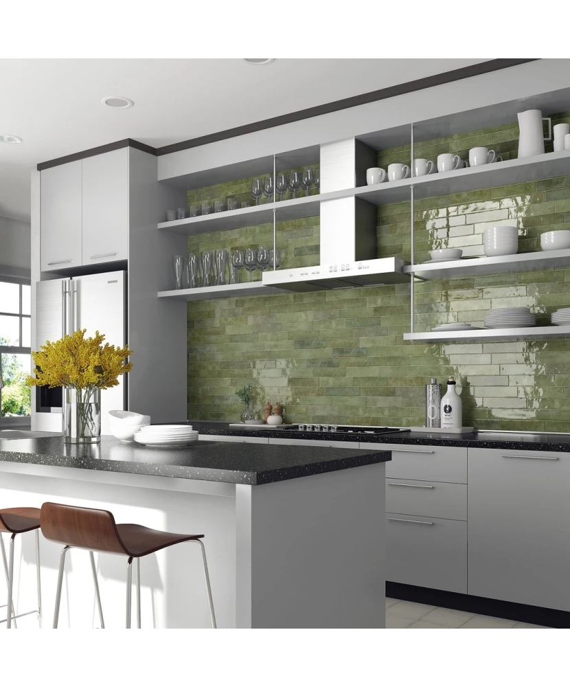 Carrelage Tribeca Sage Green 6x24,6 cm - posé en cuisine