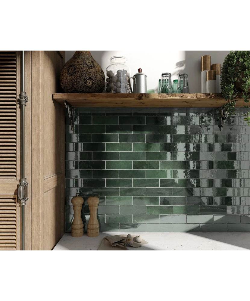 Carrelage Artisan Moss Green 6,5x20 cm - posé en cuisine