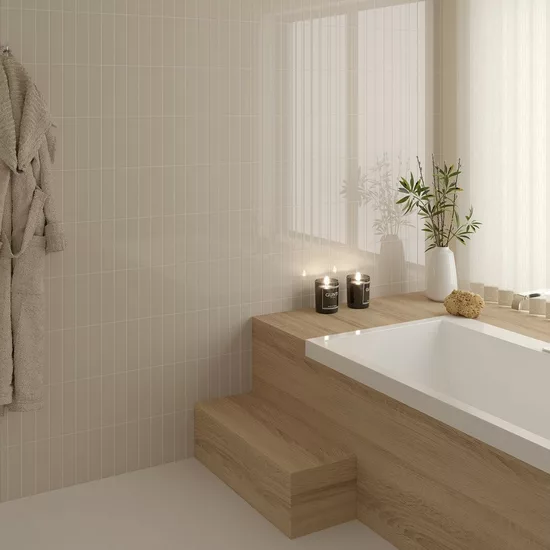 Carrelage Costa Nova Beige Pale 5x20 cm - posé en salle de bain