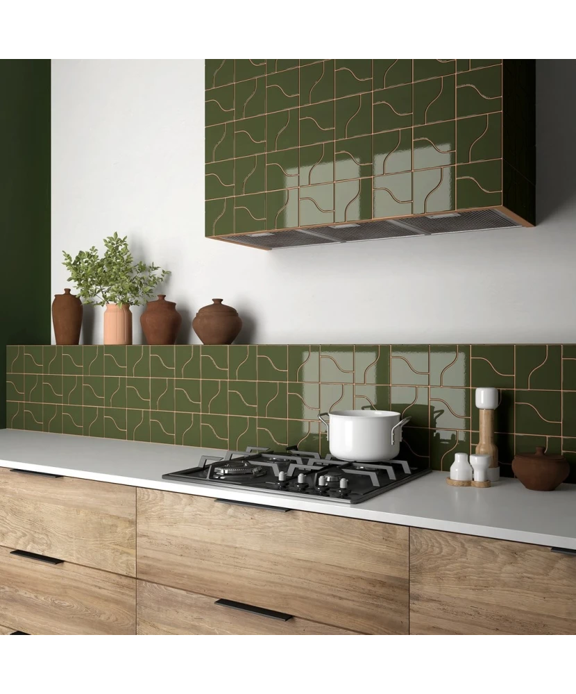 Carrelage Curve Garden Green 8,3x12 cm - posé en cuisine