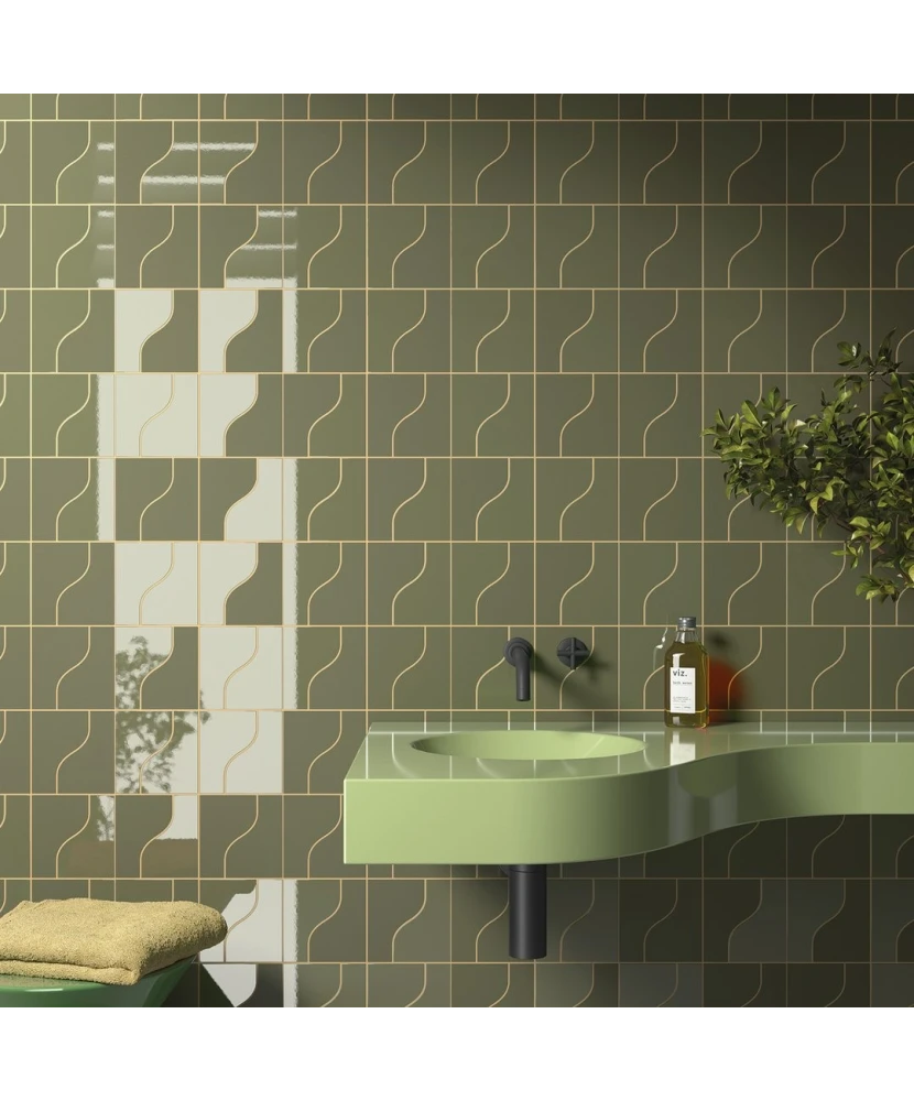 Carrelage Curve Garden Green 8,3x12 cm - posé en salle de bain