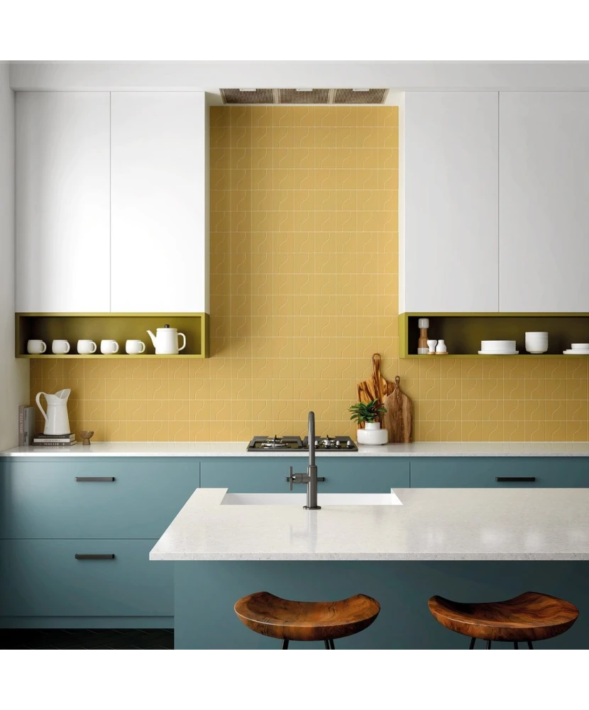 Carrelage Curve Yellow Mat 8,3x12 cm - posé en cuisine