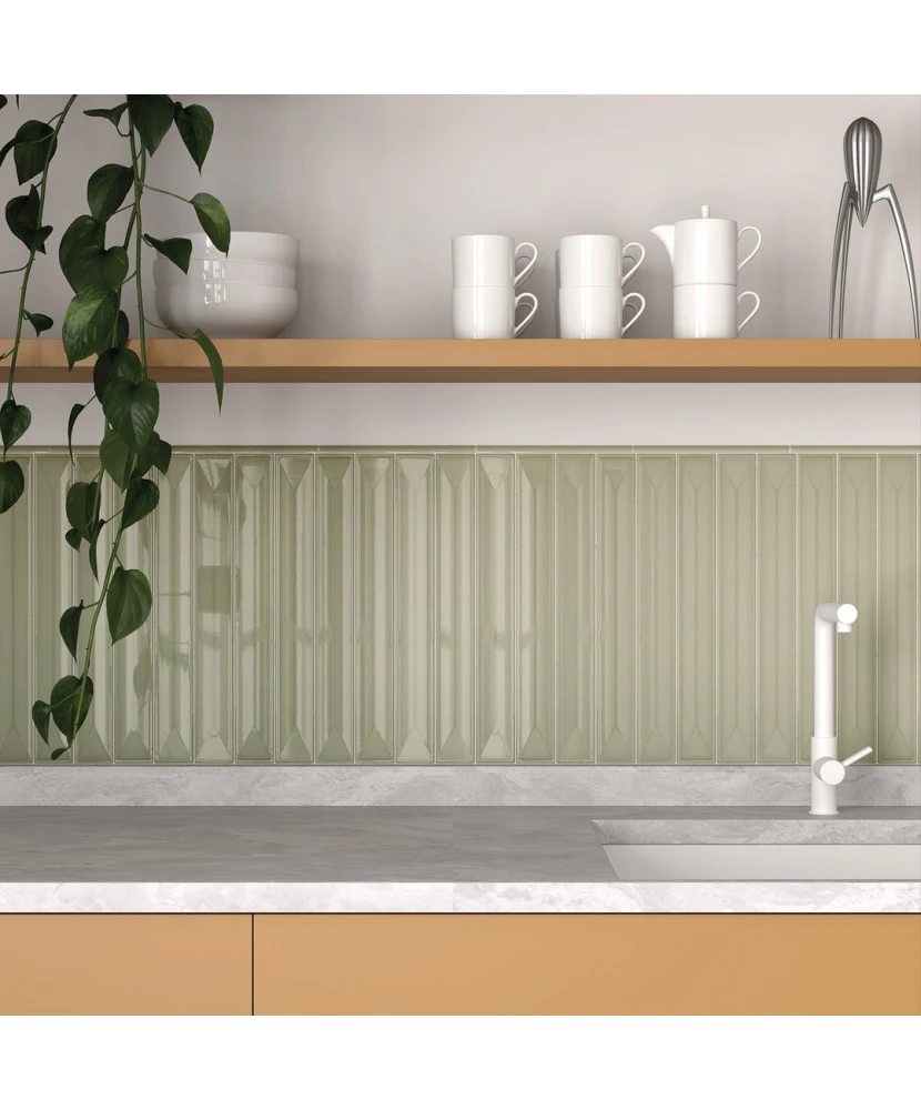 Carrelage Vitral Axis Olive 5x40 cm - posé en cuisine