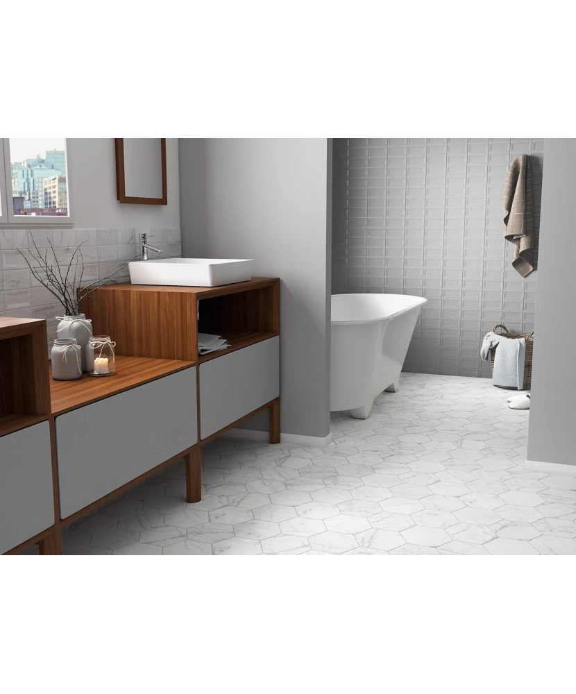 Carrelage Carrara Hexagon 17,5x20 cm - posé en salle de bain