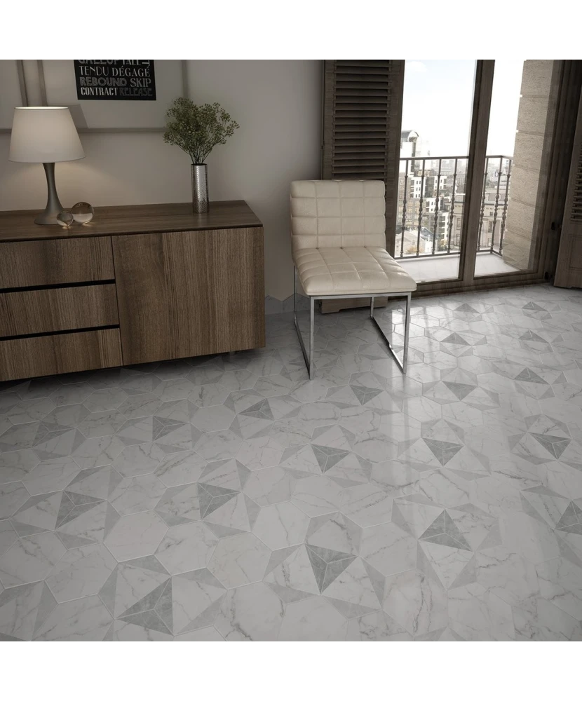 Carrelage Carrara Hexagon Peak 17,5x20 cm - posé en terrasse