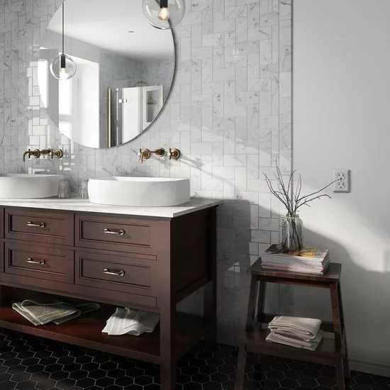 Carrelage Carrara 7,5x15 cm - posé en salle de bain