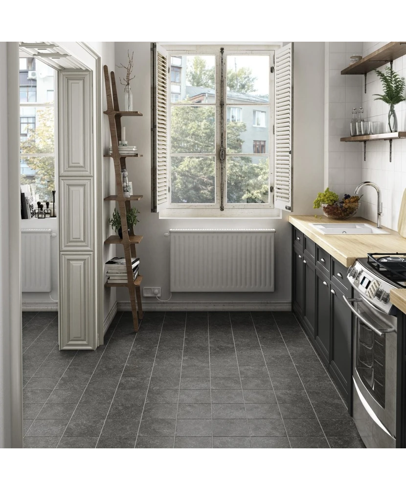 Carrelage Coralstone Black 20x20 cm - posé en cuisine