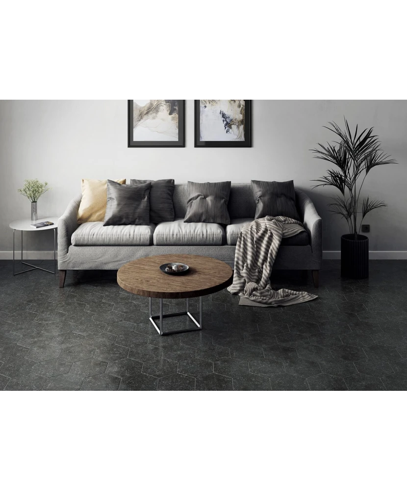 Carrelage Coralstone Hexagon Black 29,2x25,4 cm - posé dans un salon