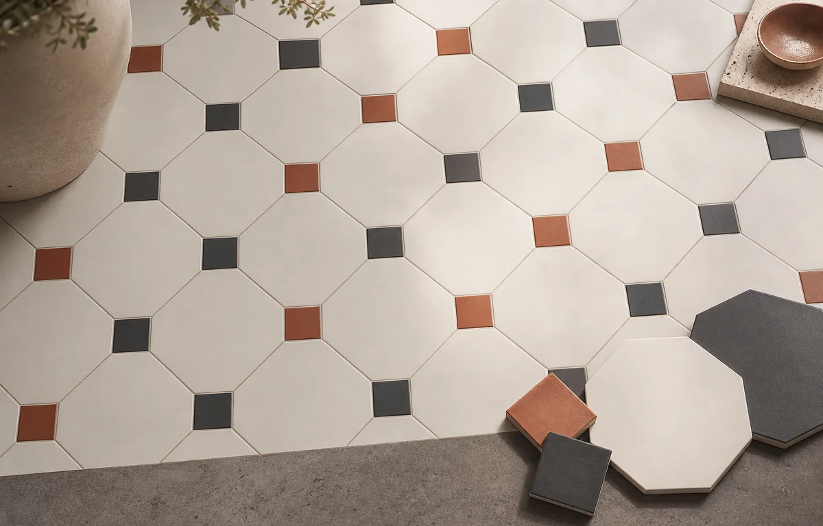 Sol en carreaux octogones avec cabochons terracotta et graphite pour configurer une pose personnalisée