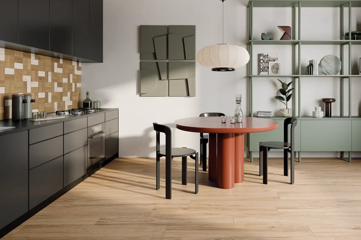 Carrelage effet bois dans une cuisine contemporaine